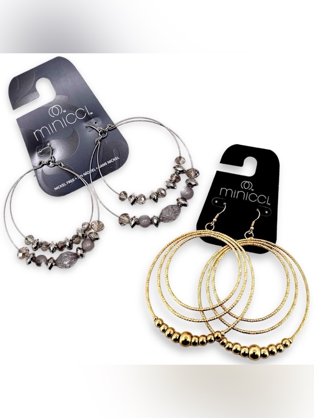 2 Pairs of Minicci Oversized Beaded Hoop Statement Earrings - Silver and Gold